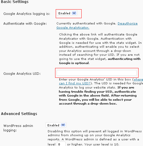 Google Analyticator - Settings