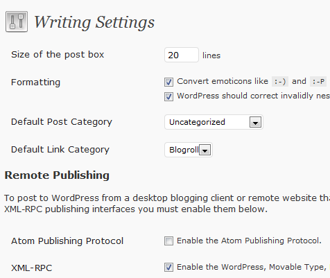 WP writing settings