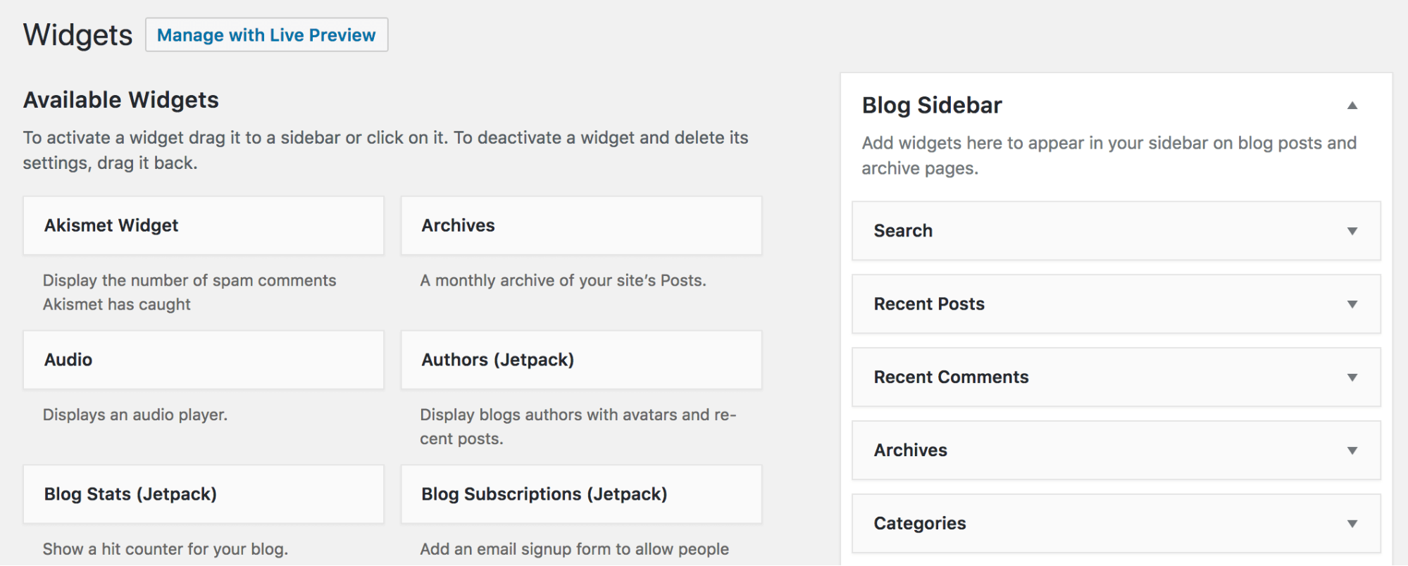 The WordPress Widgets page.