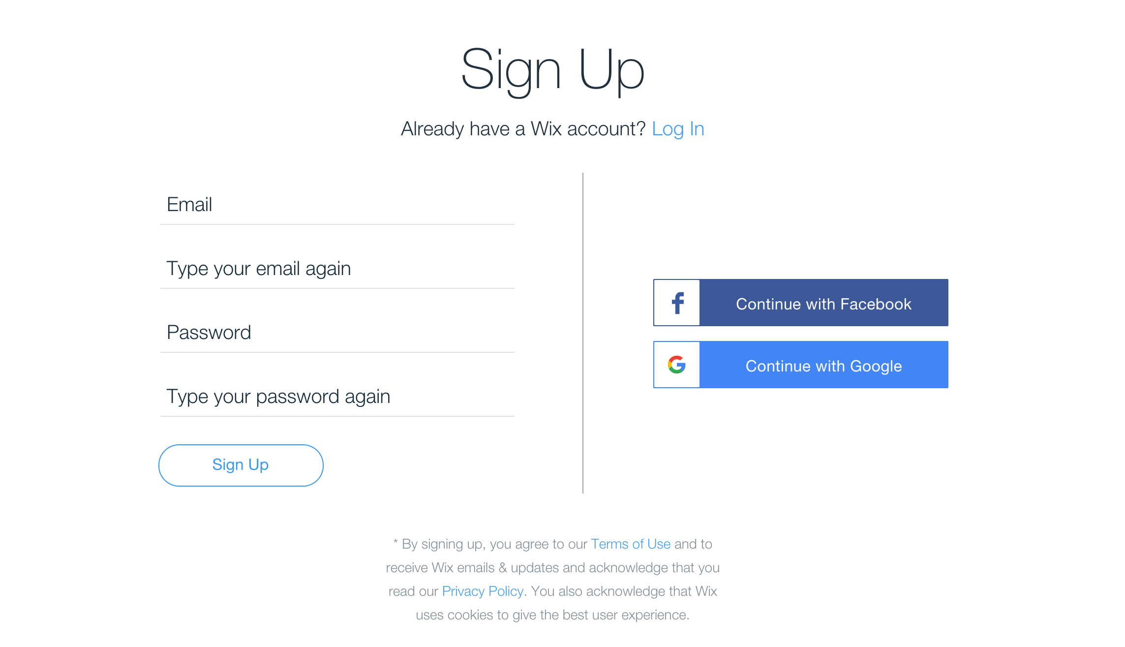 The Wix sign up page.